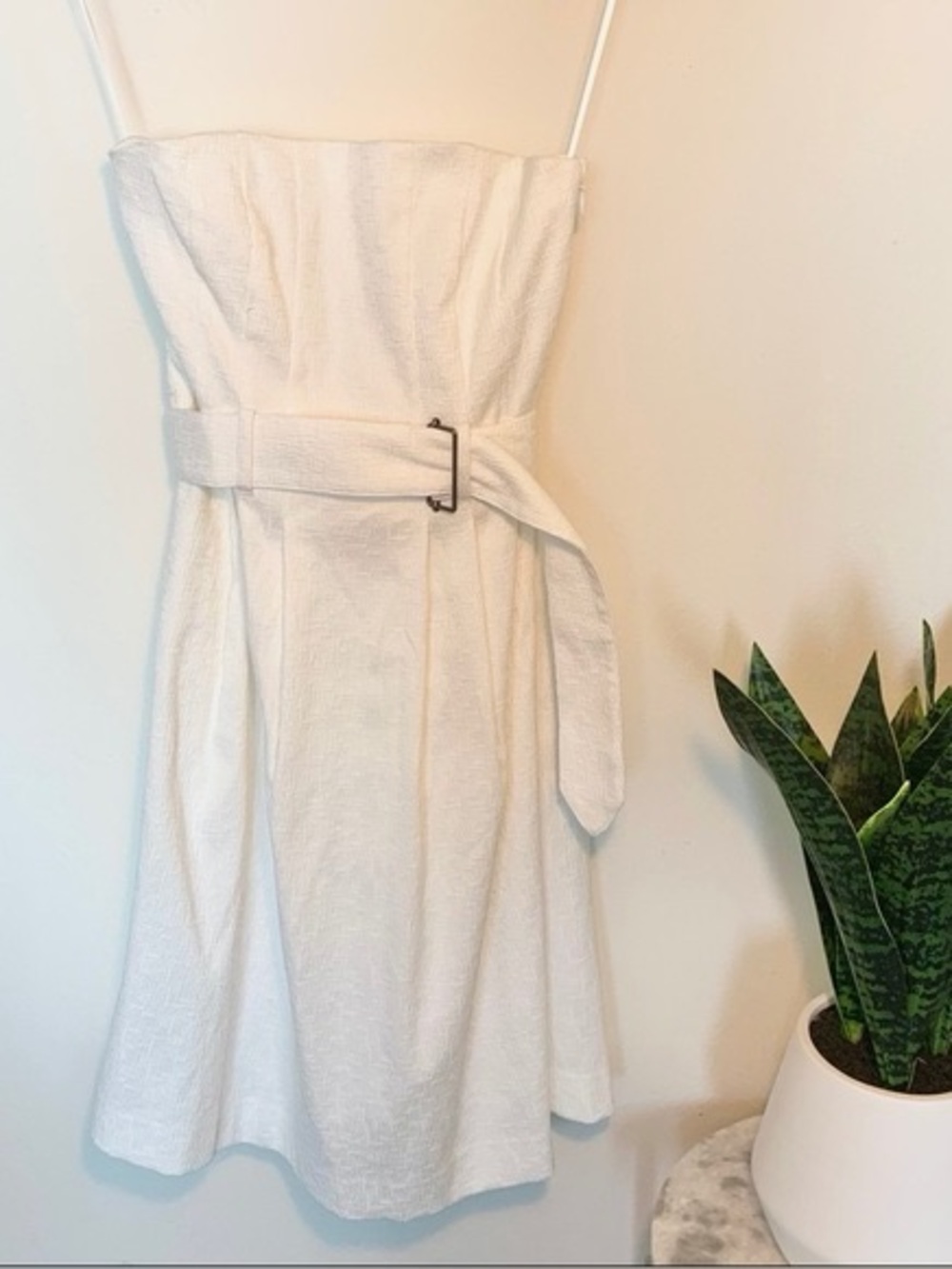 Theory Strapless White Belted Midi Dress